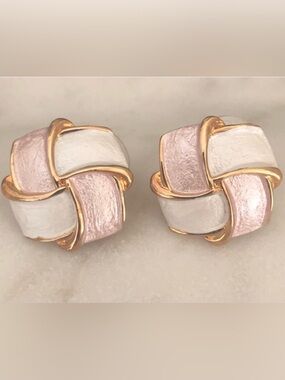 18kt Gold Plated Rose Pink & White Enamel Designer Earrings